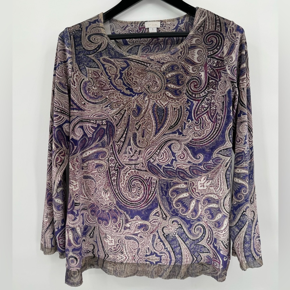 Chico's Purple‎ Crushed Velvet Scoop Neck Paisley Print Rhinestones Top Size M/8